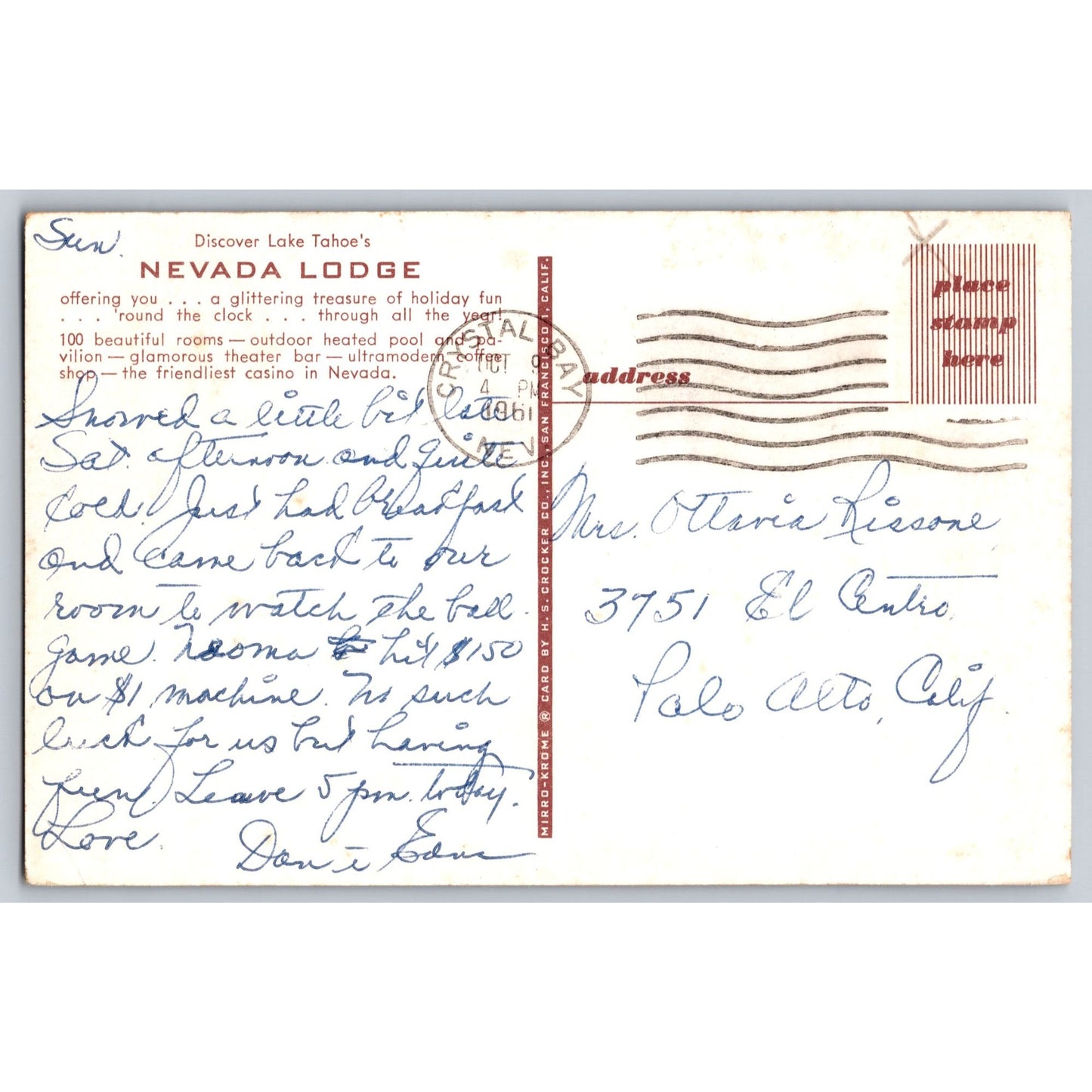 Lake Tahoe NV Nevada Lodge Hotel Postcard Scenic Illustration Used