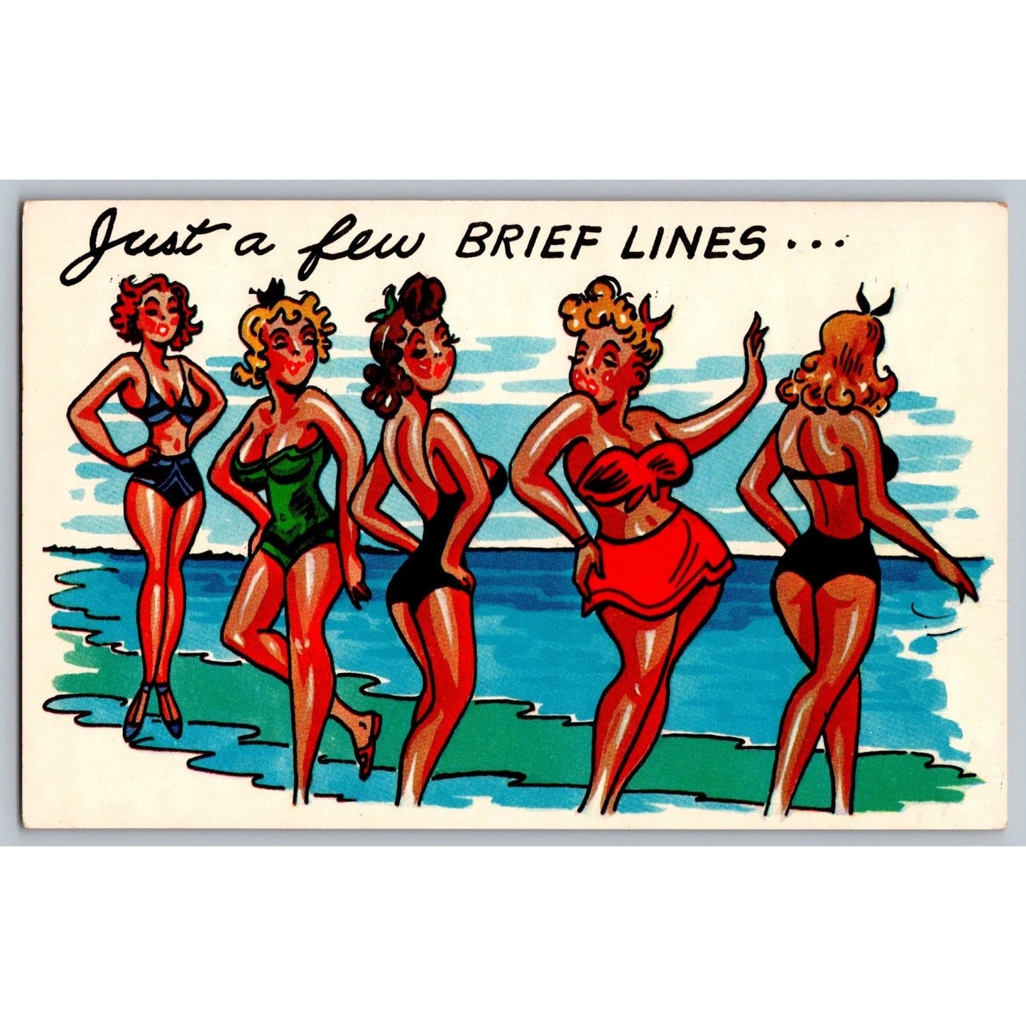 Comic Postcard Humorous Cartoon Pin-Up Girls Bathing Suits Beach Scene Unused