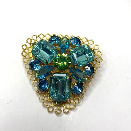 Vintage Gold-Tone Brooch Blue & Green Rhinestones Filigree Design Elegant Statement Jewelry