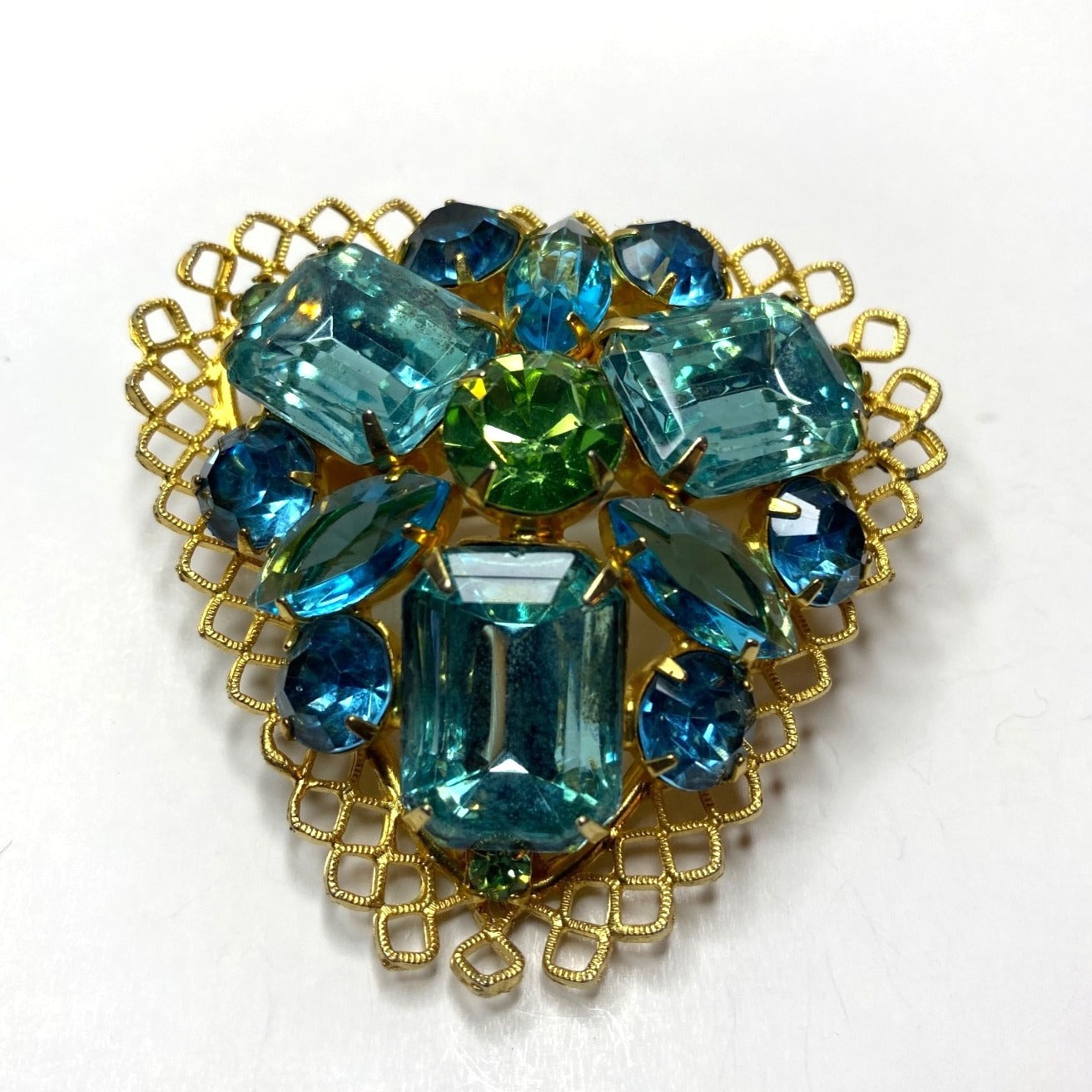 Vintage Gold-Tone Brooch Blue & Green Rhinestones Filigree Design Elegant Statement Jewelry