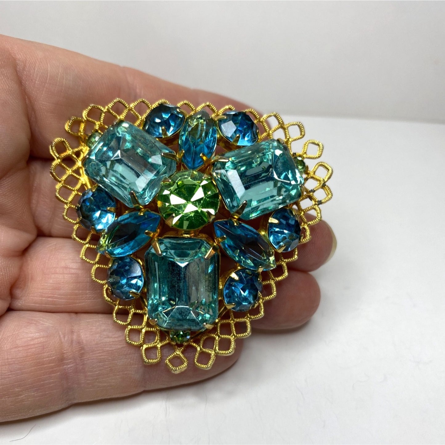 Vintage Gold-Tone Brooch Blue & Green Rhinestones Filigree Design Elegant Statement Jewelry