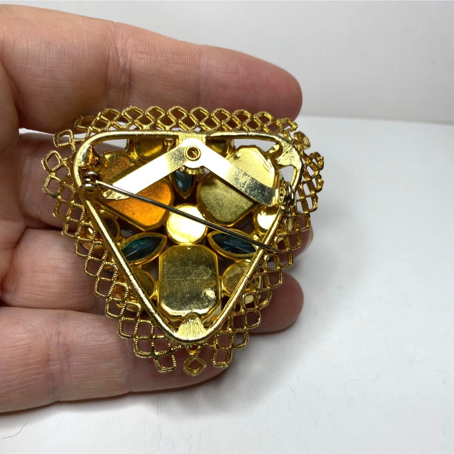 Vintage Gold-Tone Brooch Blue & Green Rhinestones Filigree Design Elegant Statement Jewelry