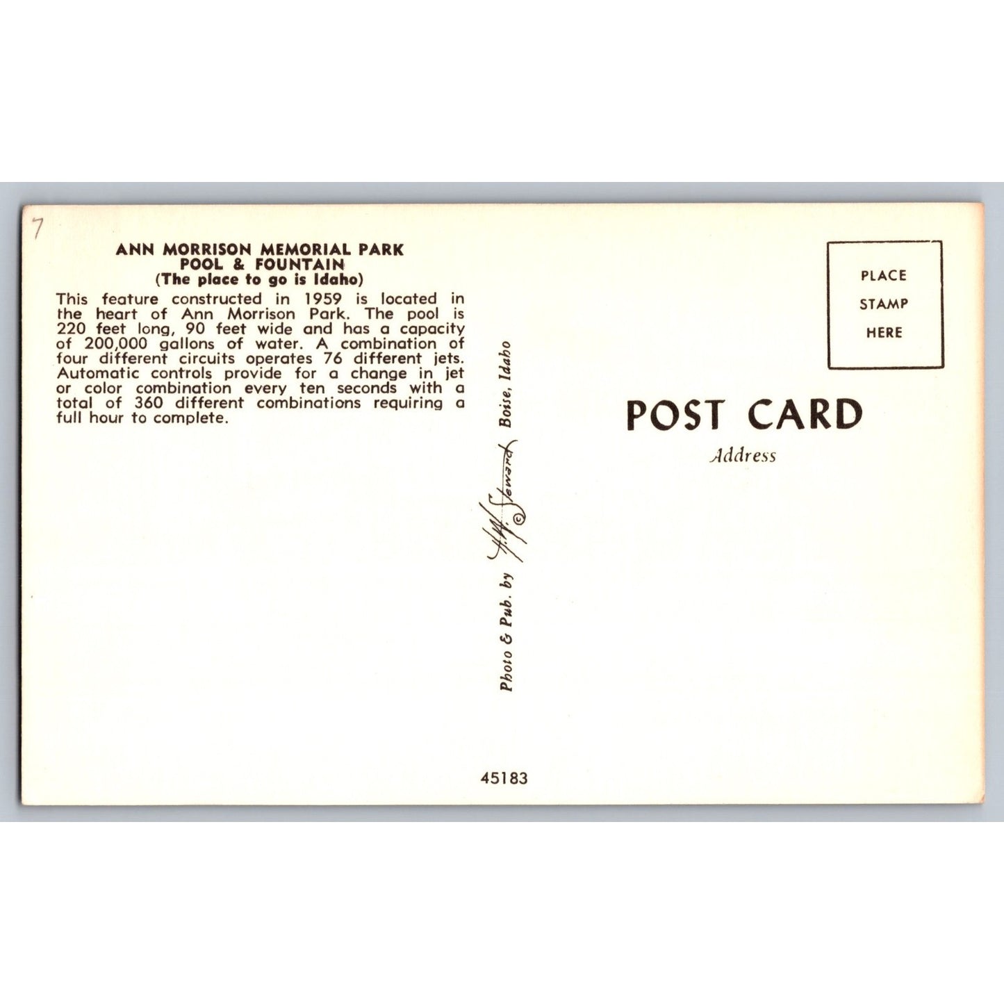 Boise ID Idaho Ann Morrison Memorial Park Fountain Chrome Postcard Unused