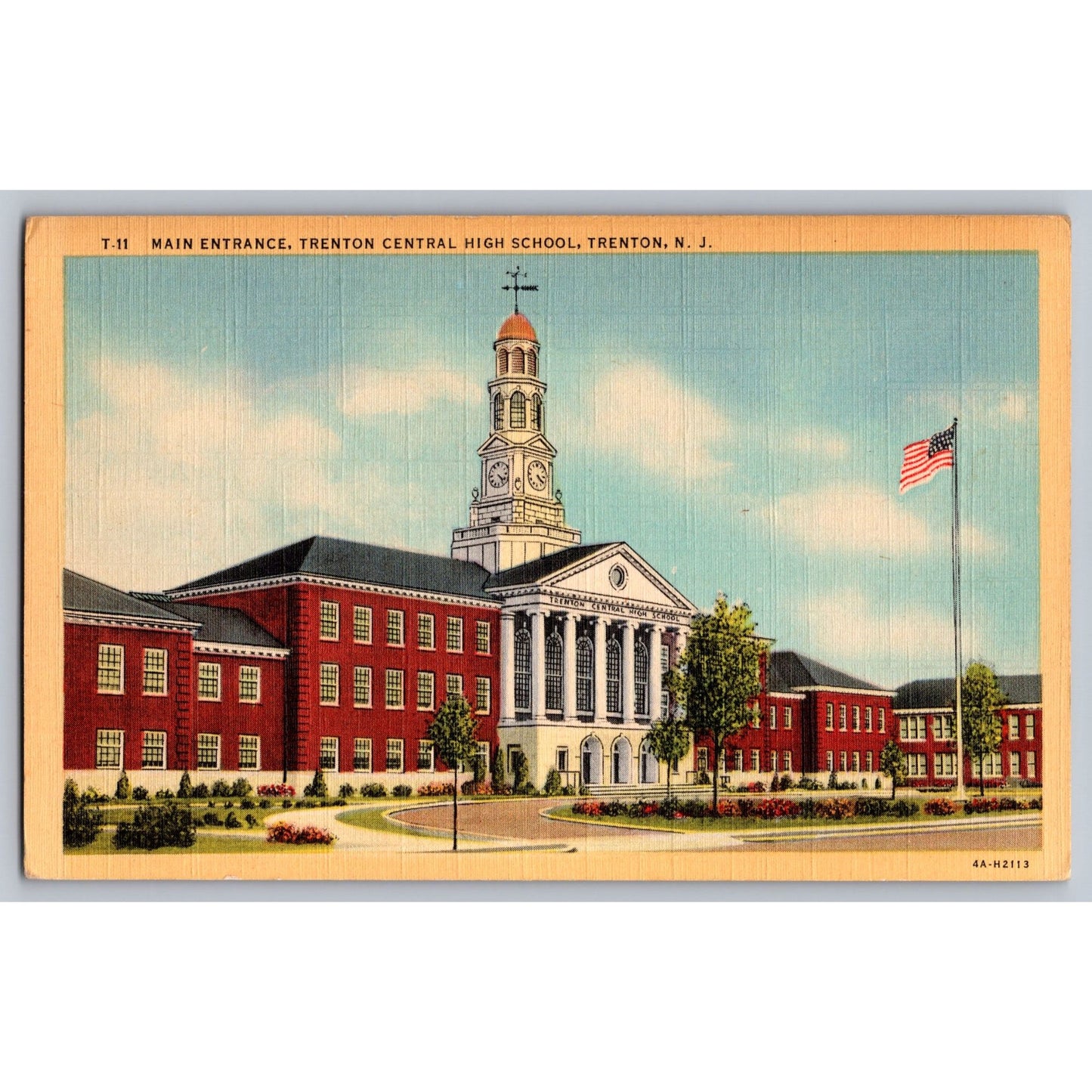 Trenton NJ New Jersey Central High School Main Entrance 1940s Linen Postcard