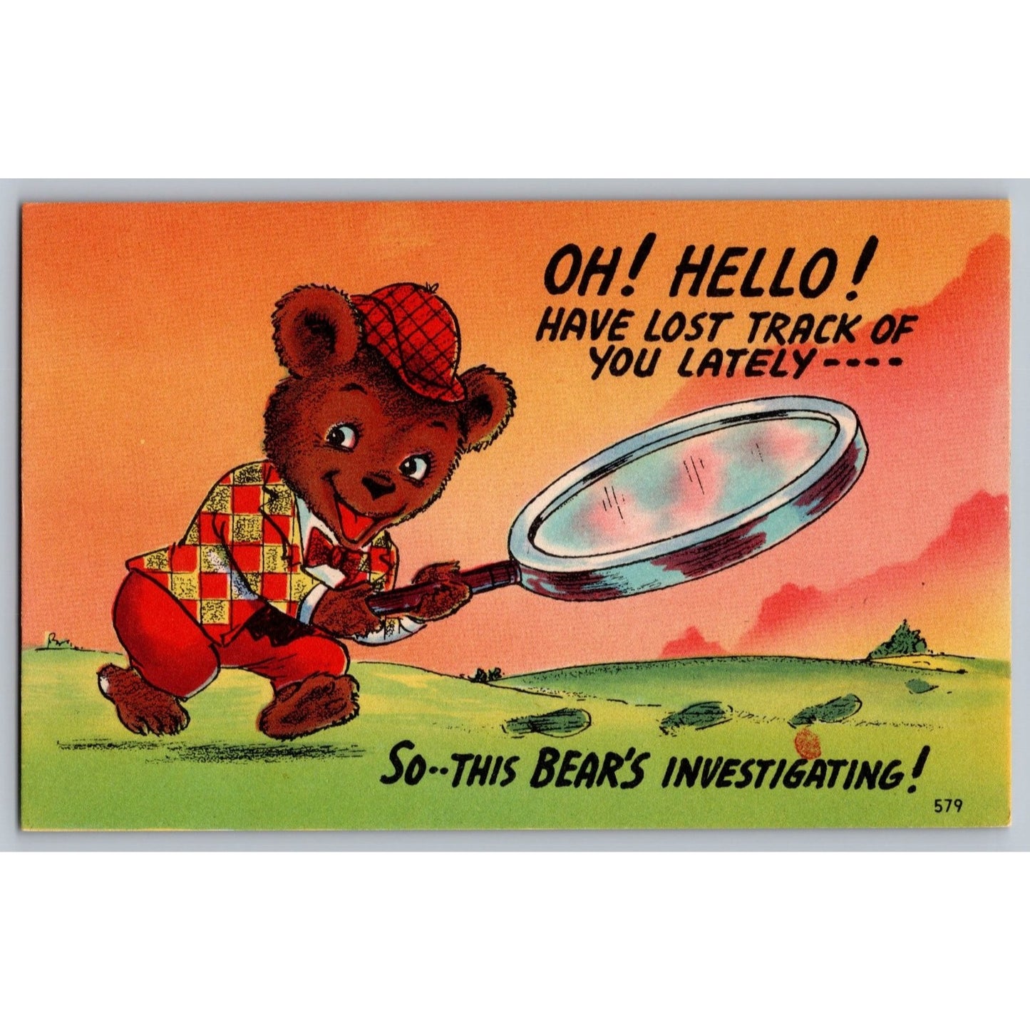 Comic Postcard Humorous Bear with Magnifying Glass Oh Hello Linen Unused