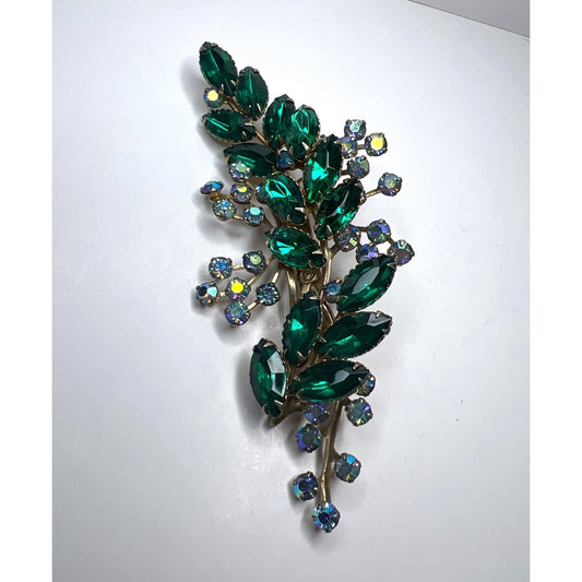 Vintage Brooch Emerald Green Rhinestone Floral Aurora Borealis Accents Gold-Tone