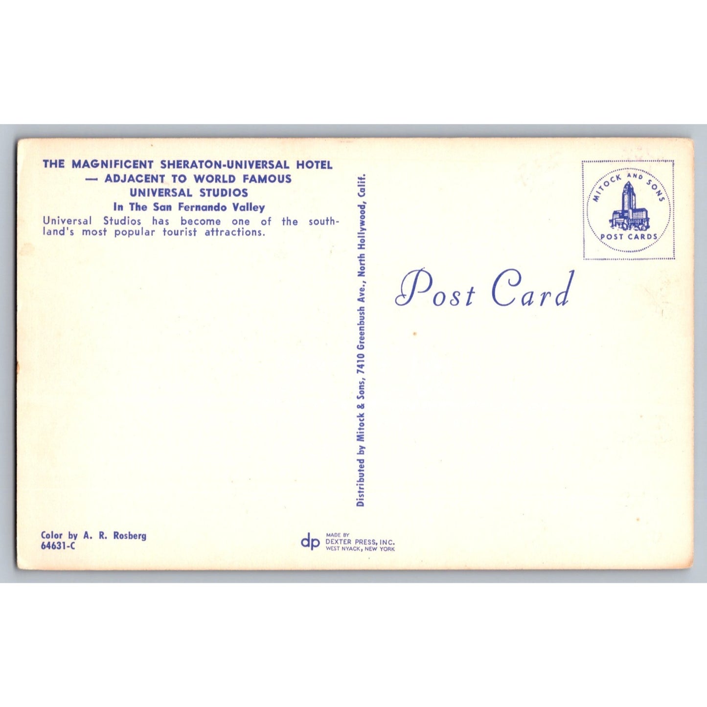 San Fernando CA California Sheraton Universal Hotel Chrome Postcard Unused
