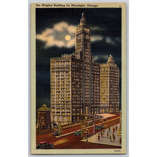 Chicago IL Illinois Wrigley Building by Moonlight Linen Postcard Used