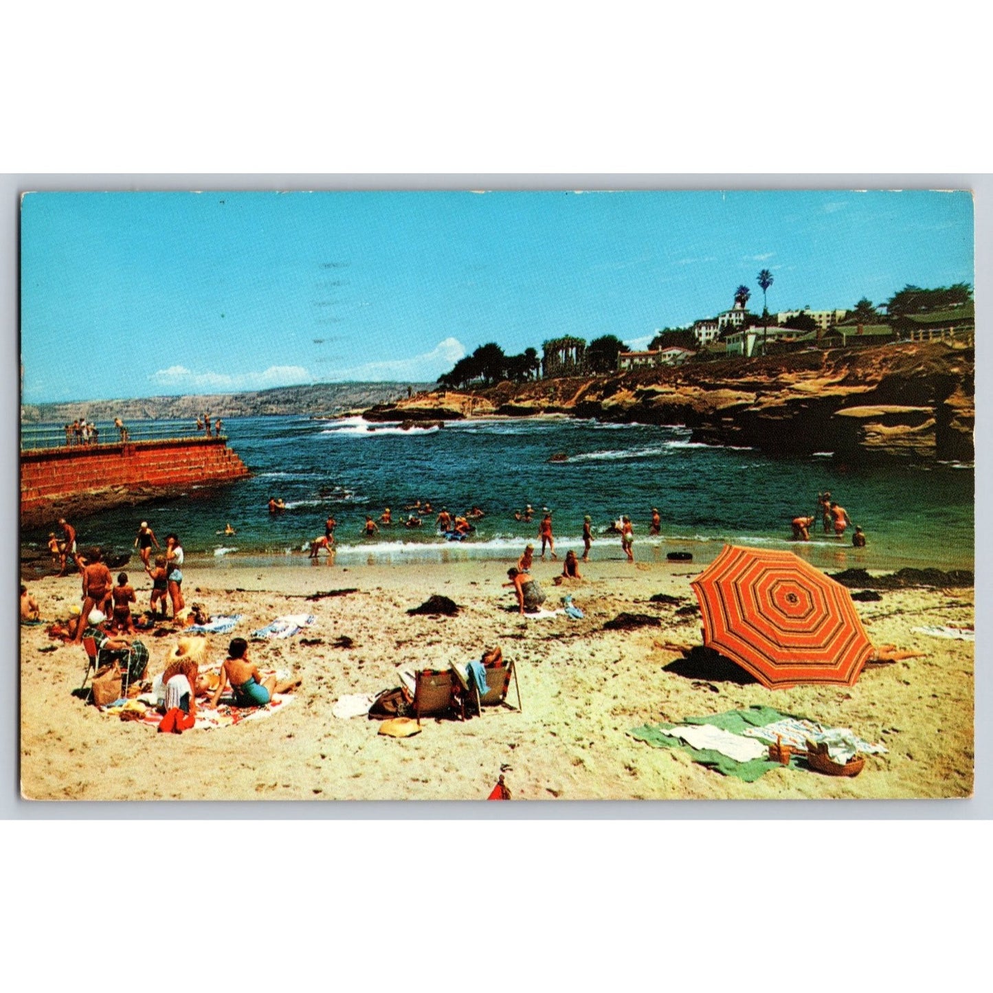 La Jolla CA California Children's Pool Beach 60s Chrome Postcard Boy Scout Stamp
