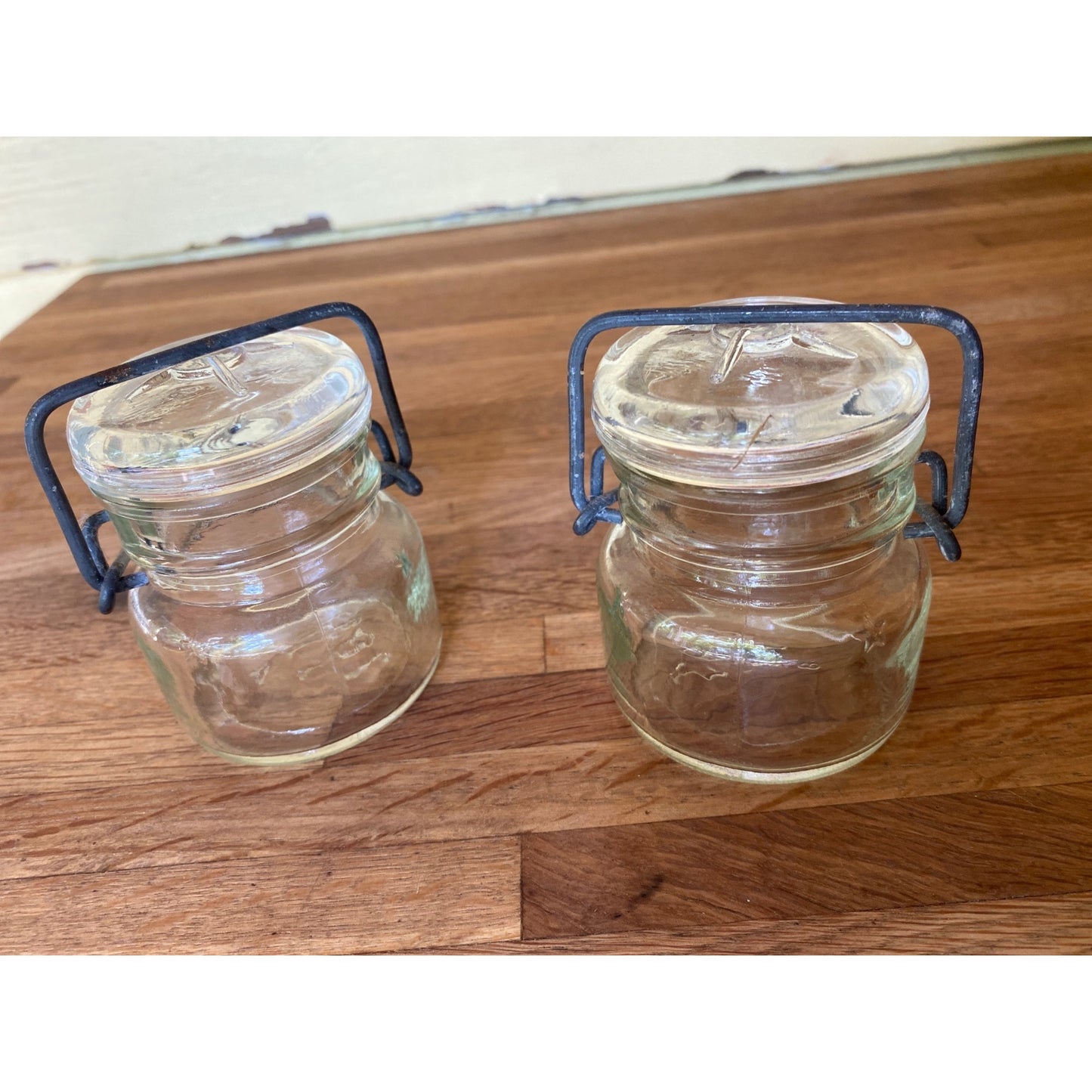 Antique Half Pint Glass Jars With Metal Wire Bail Lids 4 oz Set Of Two