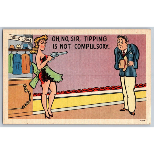 Comic Linen Postcard Tipping Not Compulsory Humor C-108