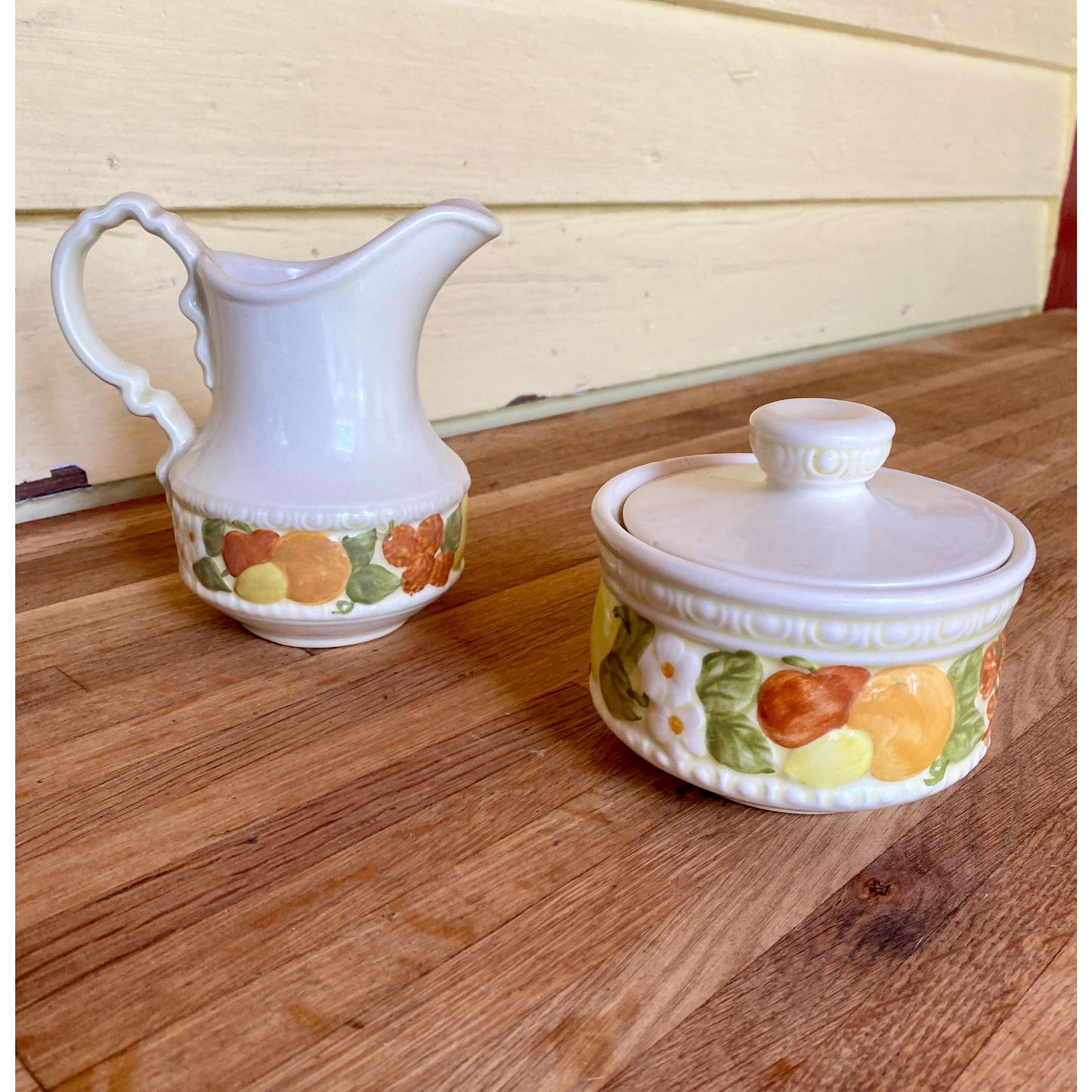 Vernon Ware by Metlox Della Robbia Pattern Ceramic Creamer & Sugar Bowl Set