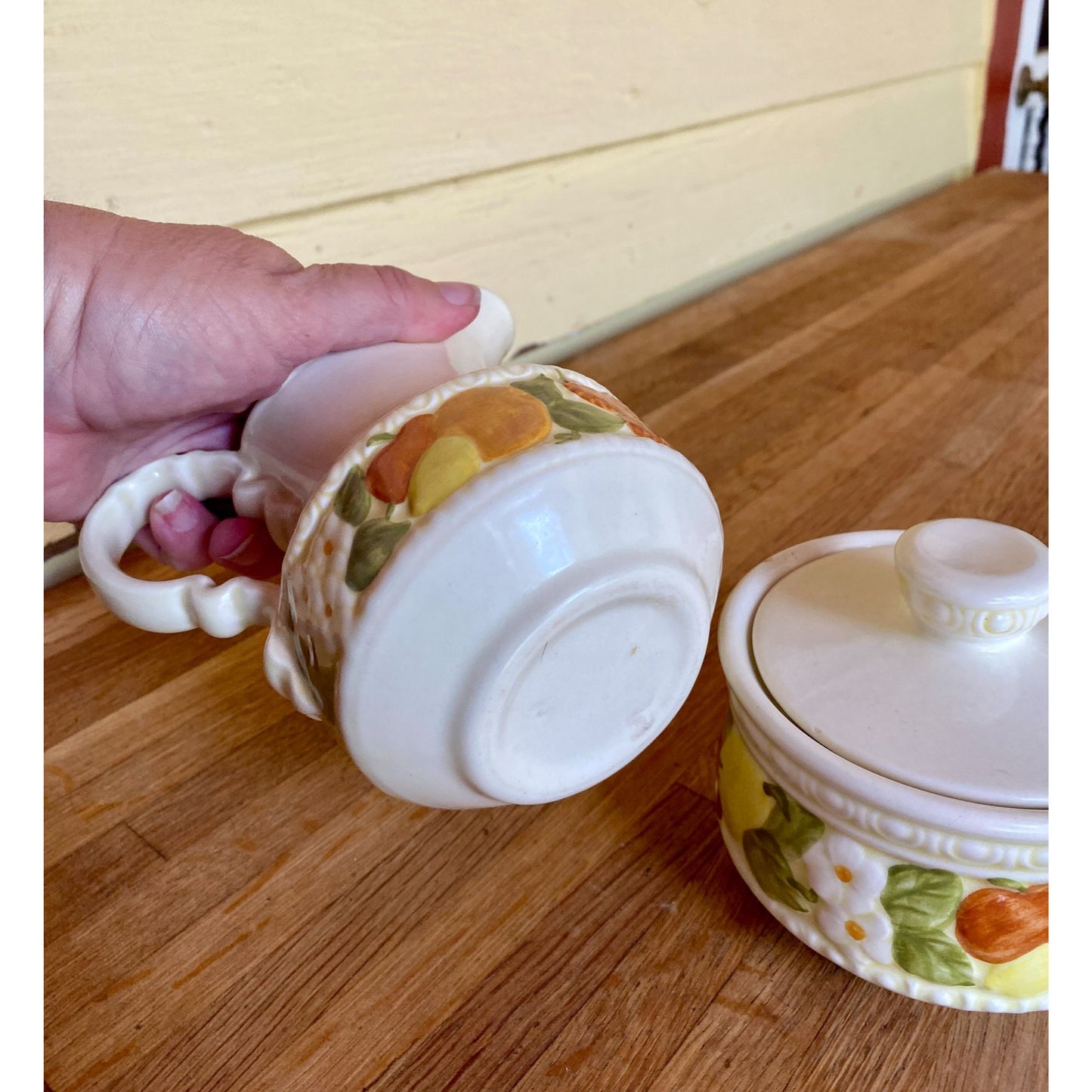 Vernon Ware by Metlox Della Robbia Pattern Ceramic Creamer & Sugar Bowl Set