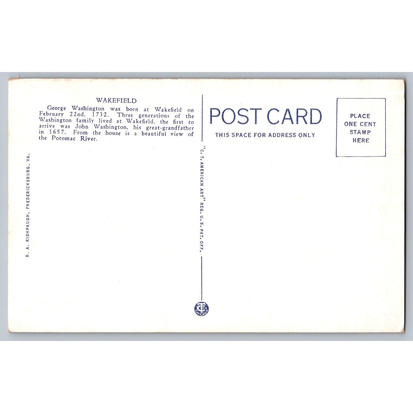 Fredericksburg VA Virginia Wakefield George Washington Birthplace Postcard