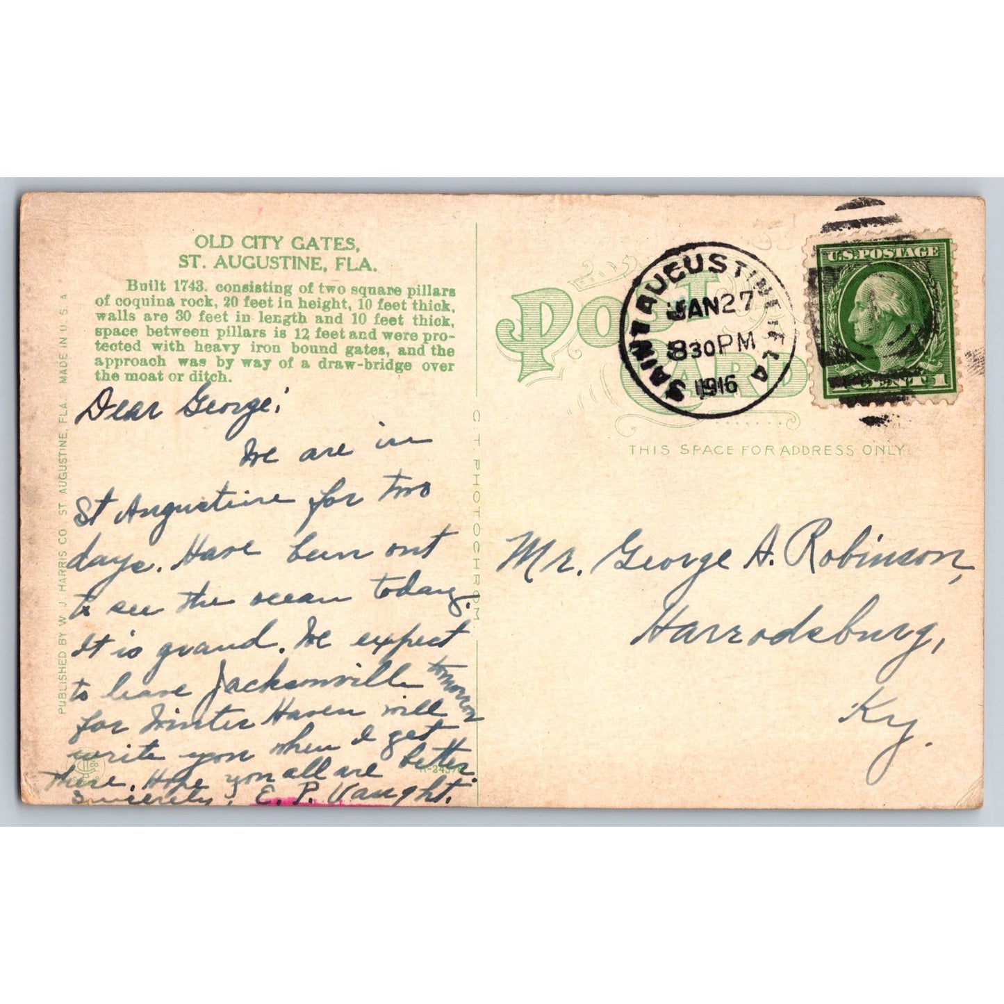 St Augustine FL Florida Old City Gates 1916 Divided Back Postcard Used