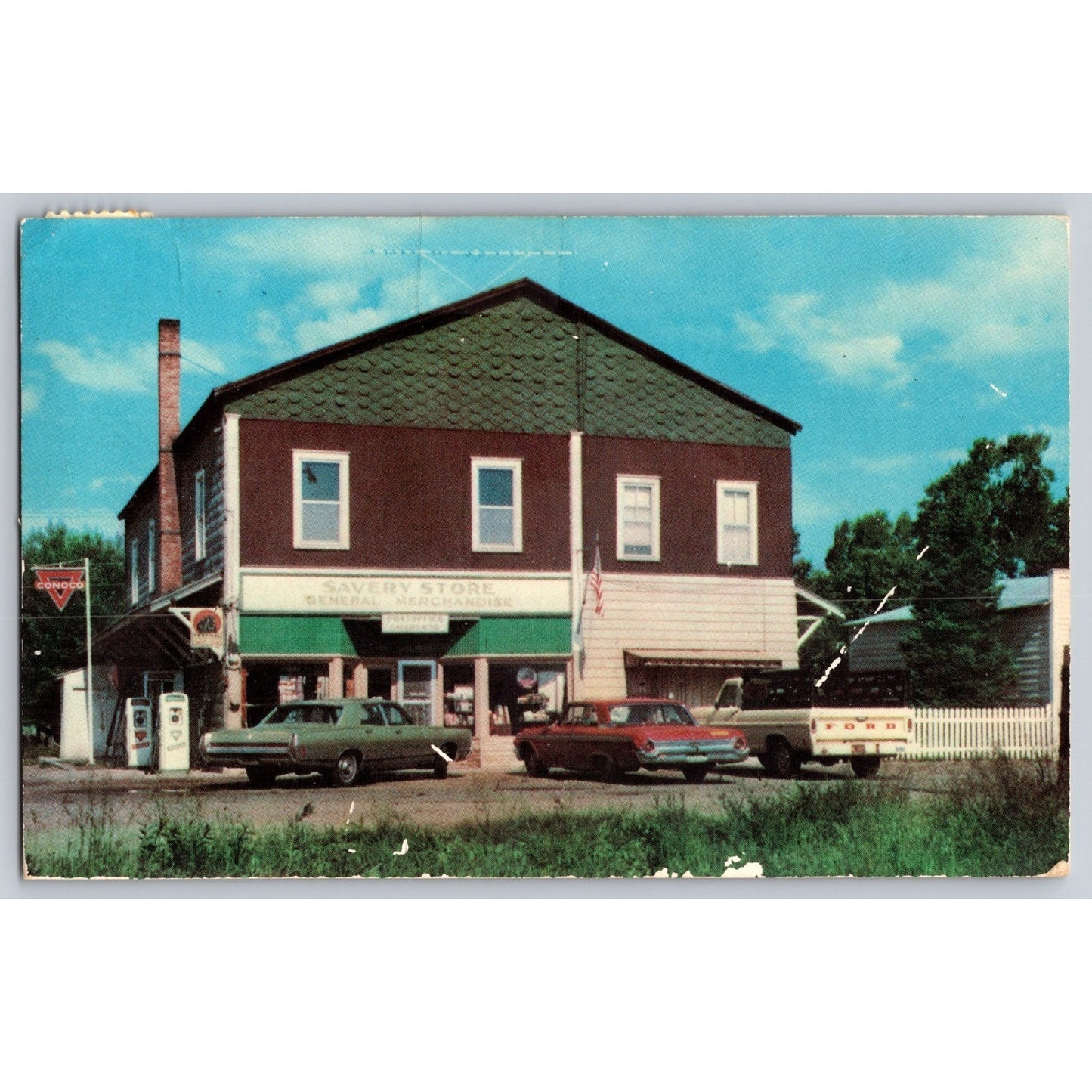Savery WY Wyoming Savery Store 1970s Old Cars Chrome Postcard Used