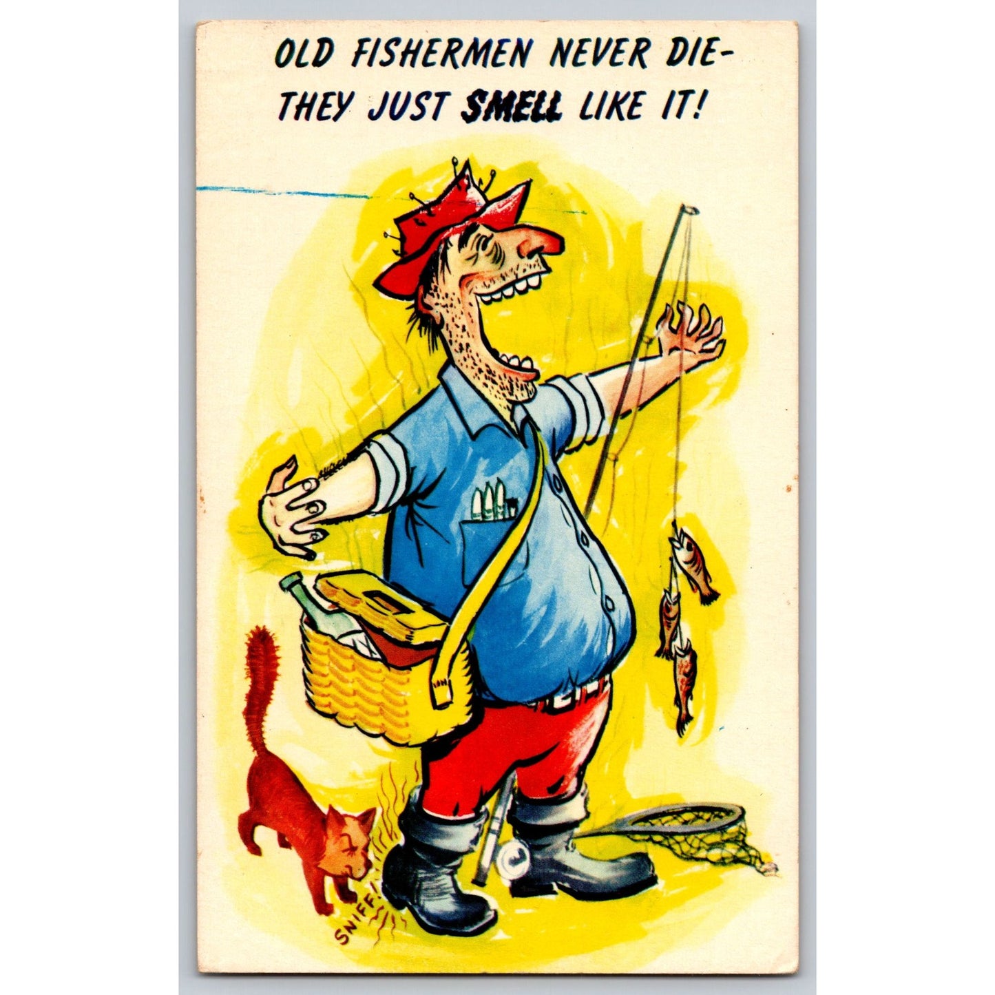 Comic Fishing Postcard Old Fisherman Never Die Just Smell Like It Mike Roberts