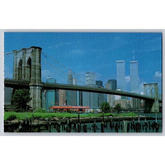 New York City NY Skyline Brooklyn Bridge Twin Towers 1983 Chrome Postcard Unused
