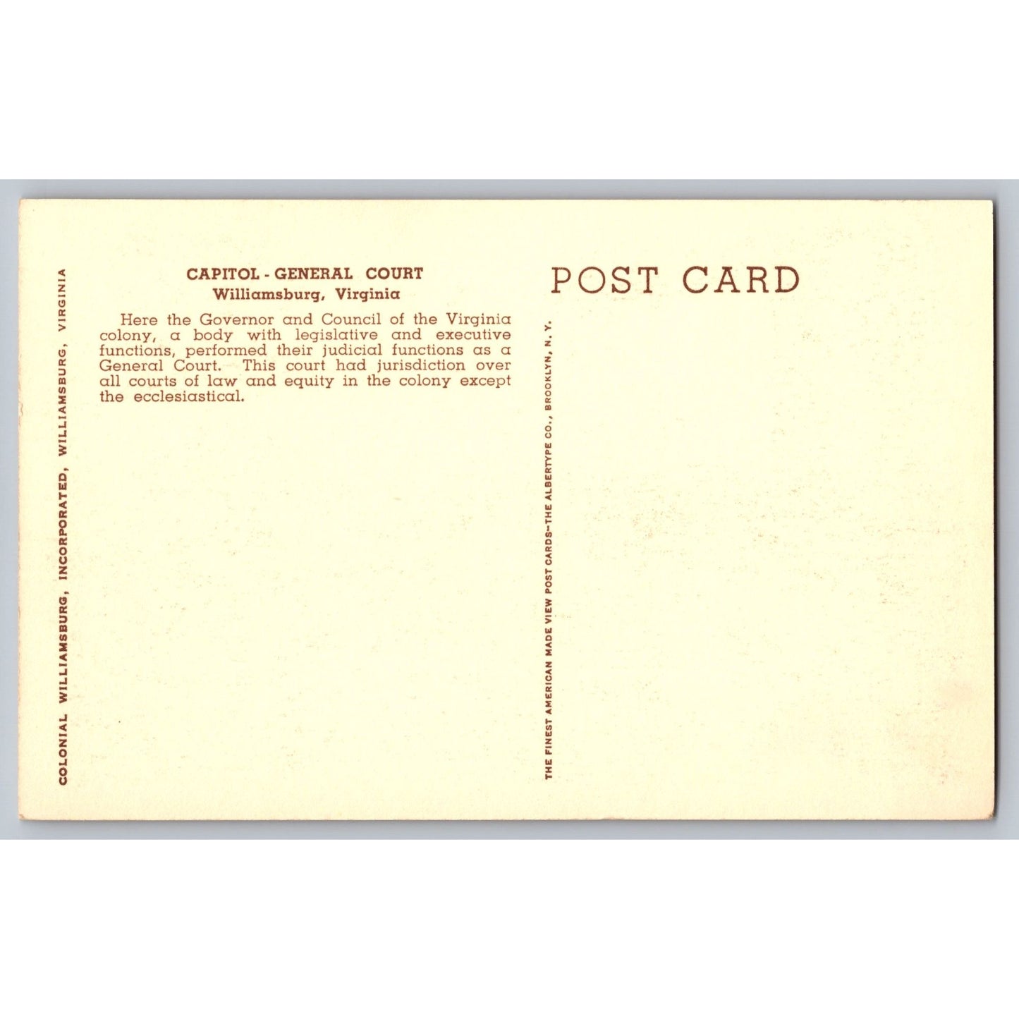 Williamsburg VA Virginia Capitol General Court Chrome Postcard Unused