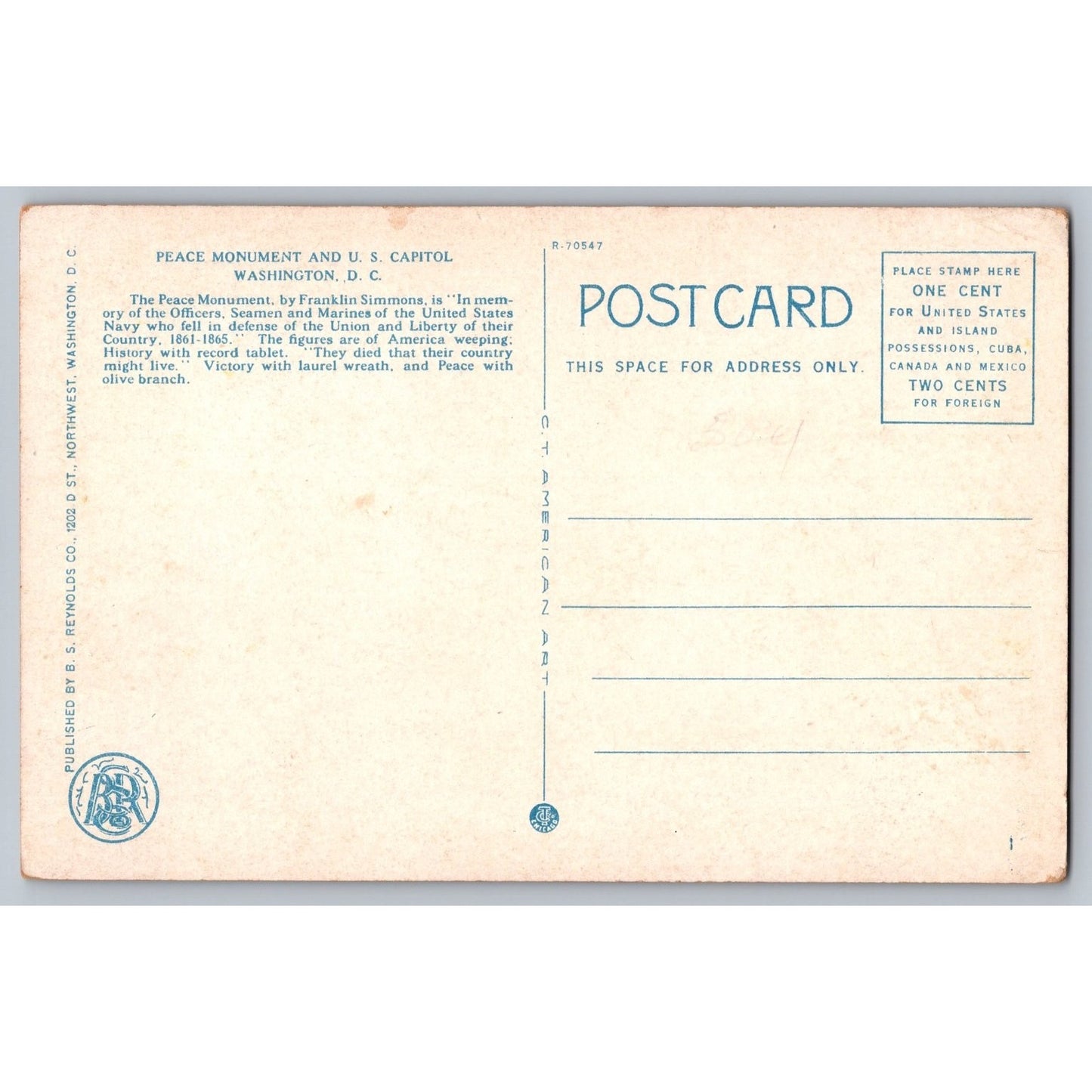 Washington DC Peace Monument & US Capitol White Border Postcard Unused