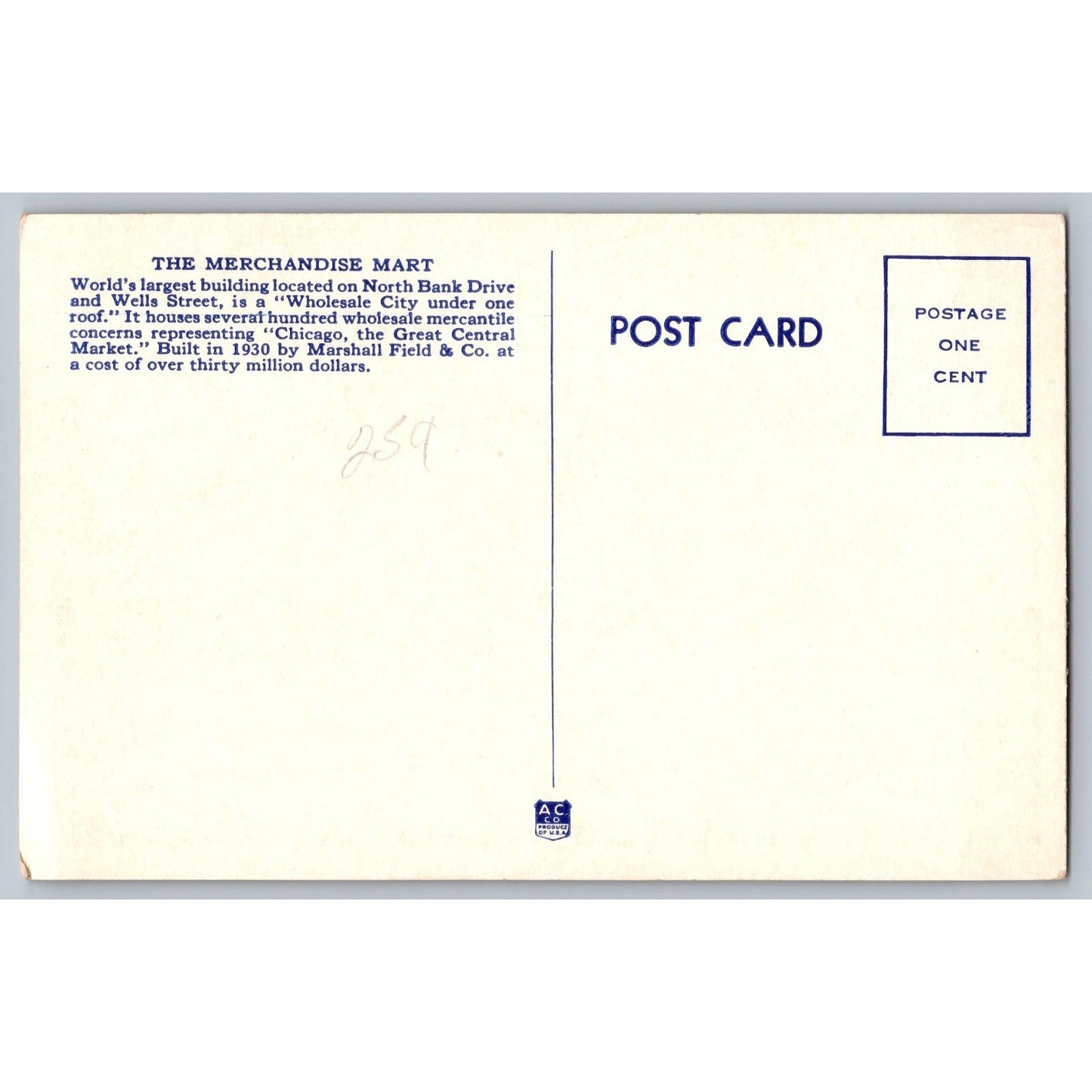 Chicago IL Illinois Merchandise Mart World's Largest Building Postcard Unused