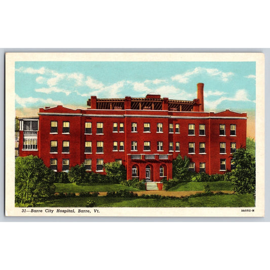 Barre VT Vermont Barre City Hospital White Border Postcard Unused Curt Teich