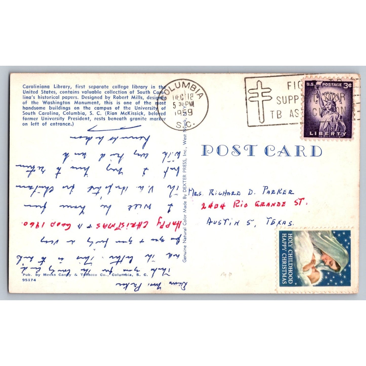 Columbia SC South Carolina Caroliniana Library Postcard Meeks Candy & Tobacco