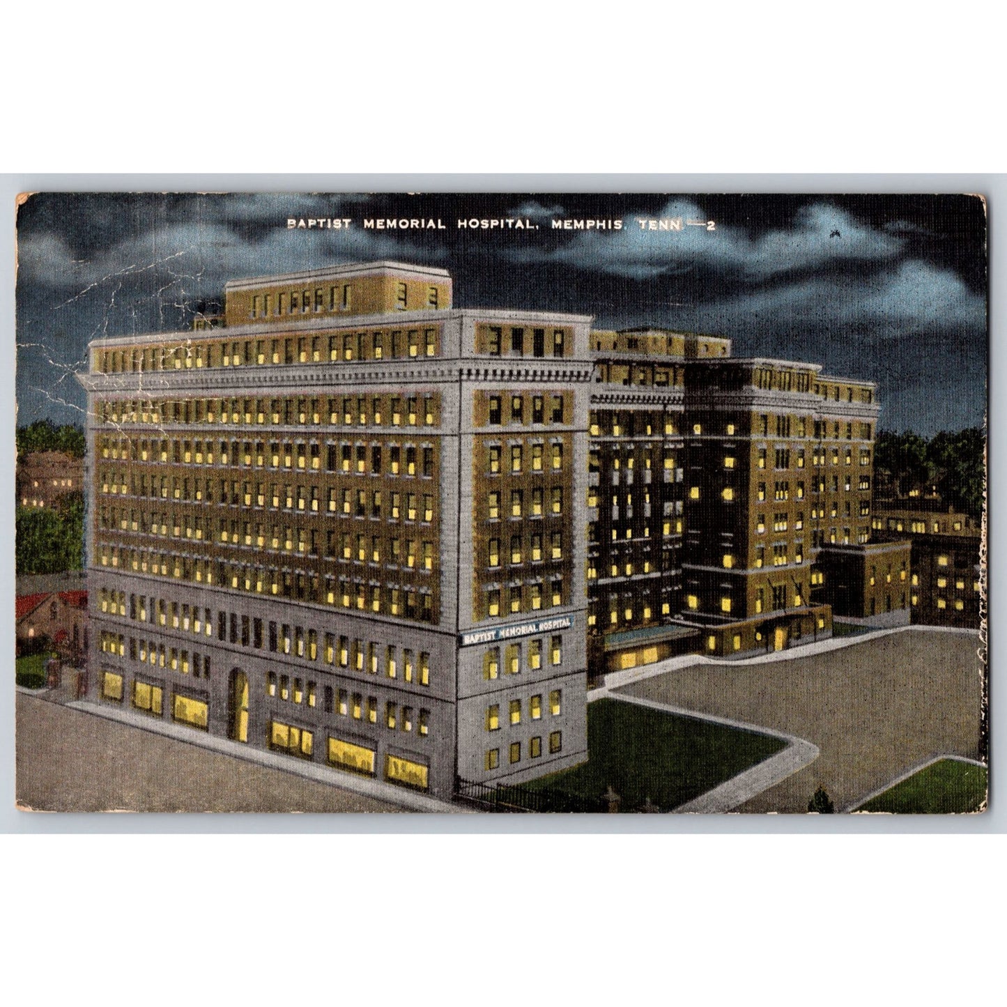 Memphis TN Tennessee Baptist Memorial Hospital Night View Linen Postcard Used