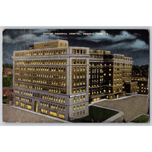 Memphis TN Tennessee Baptist Memorial Hospital Night View Linen Postcard Used