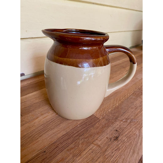 Vintage Two-Tone Ceramic Pitcher Brown & Beige Glaze Rustic Kitchenware Decor 1.5 Quart Capacity