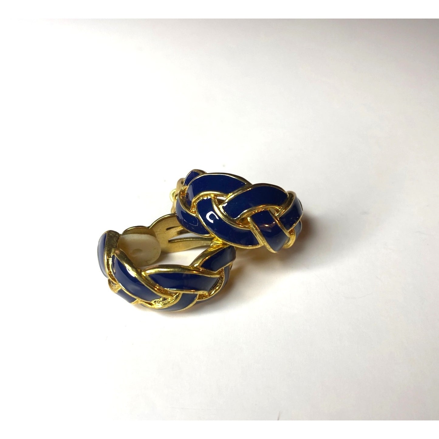 Clip-On Earrings Blue Enamel Gold Tone Twist Knot Braided Basket Weave Design