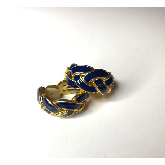Clip-On Earrings Blue Enamel Gold Tone Twist Knot Braided Basket Weave Design