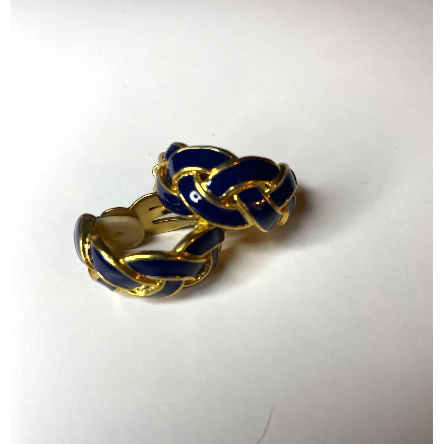 Clip-On Earrings Blue Enamel Gold Tone Twist Knot Braided Basket Weave Design
