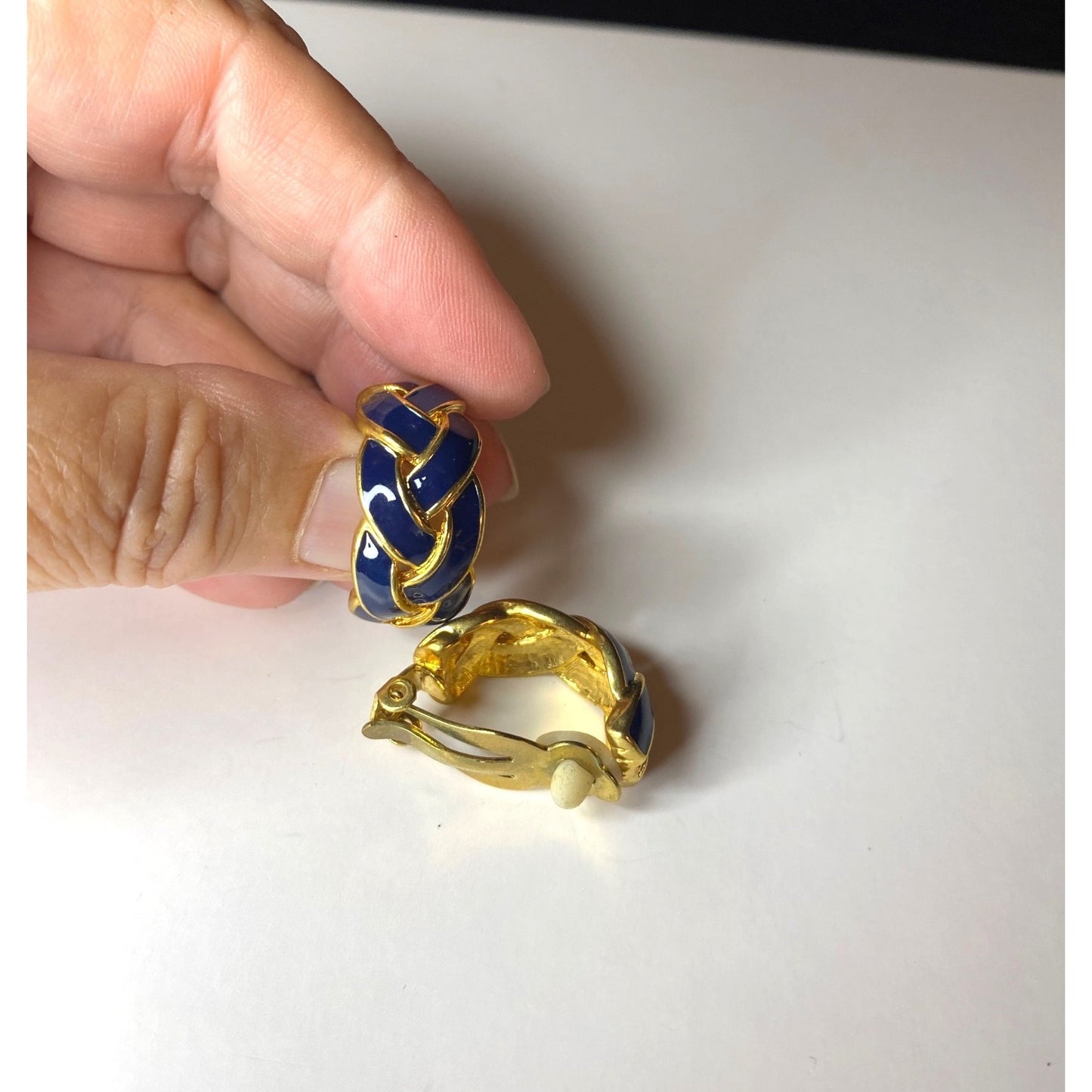 Clip-On Earrings Blue Enamel Gold Tone Twist Knot Braided Basket Weave Design