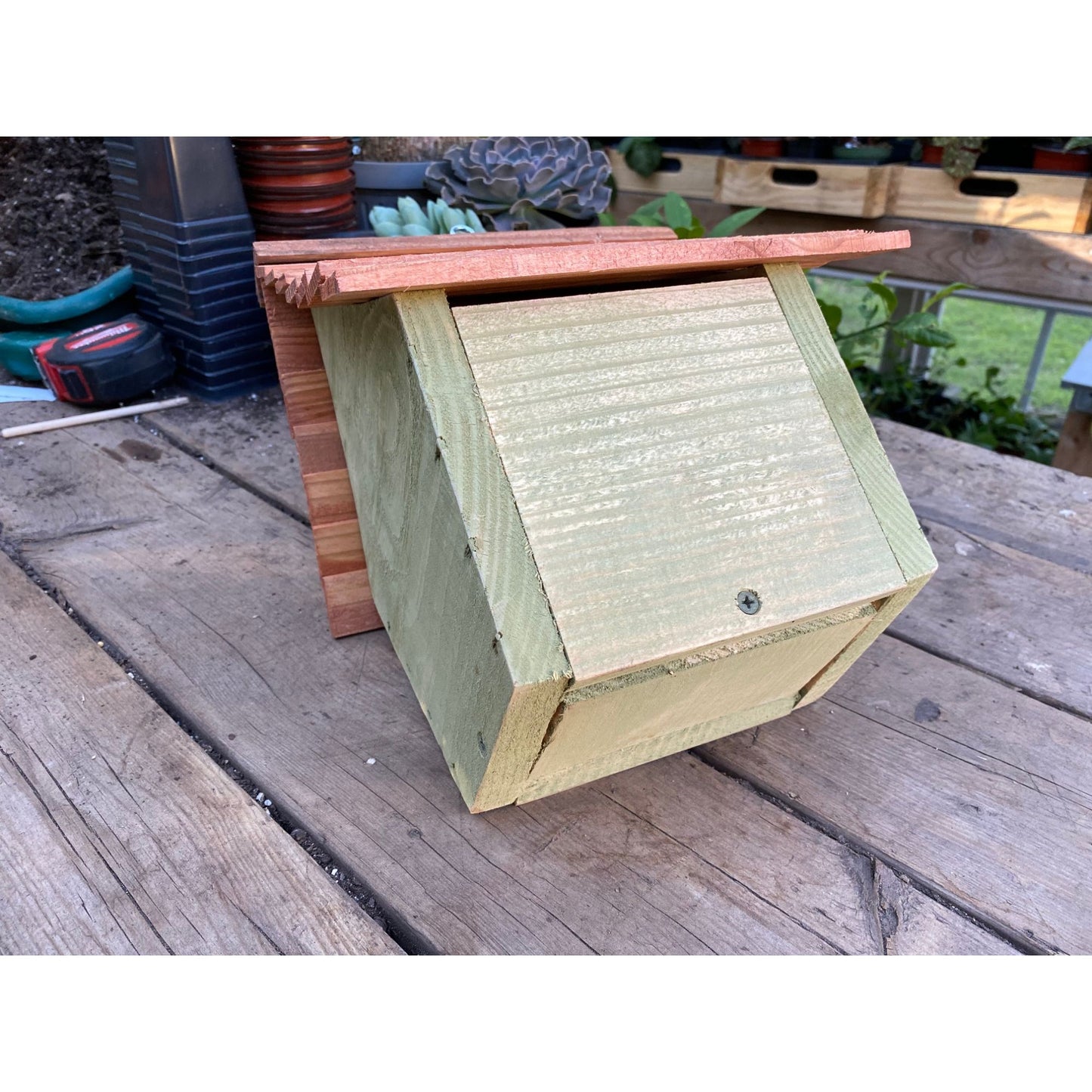 Handmade Birdhouse for Outdoor Use - Bayberry Green Milk Paint and Stained Roof