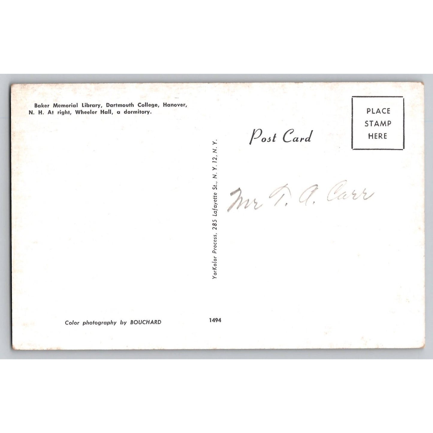Hanover NH New Hampshire Dartmouth College Baker Memorial Library Postcard