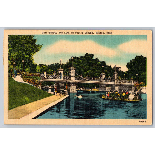 Boston MA Massachusetts Public Garden Bridge & Lake White Border Postcard Used