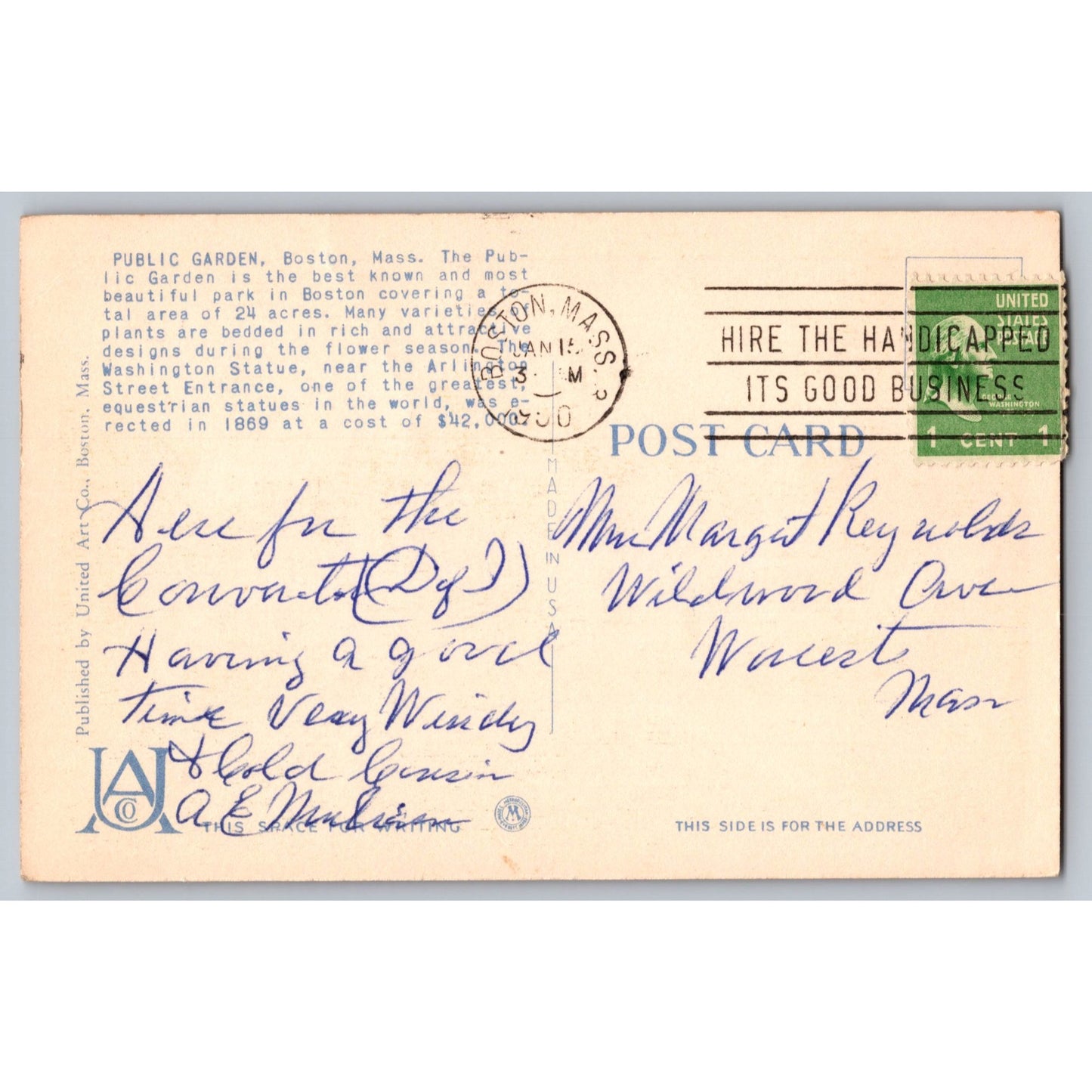 Boston MA Massachusetts Public Garden Bridge & Lake White Border Postcard Used