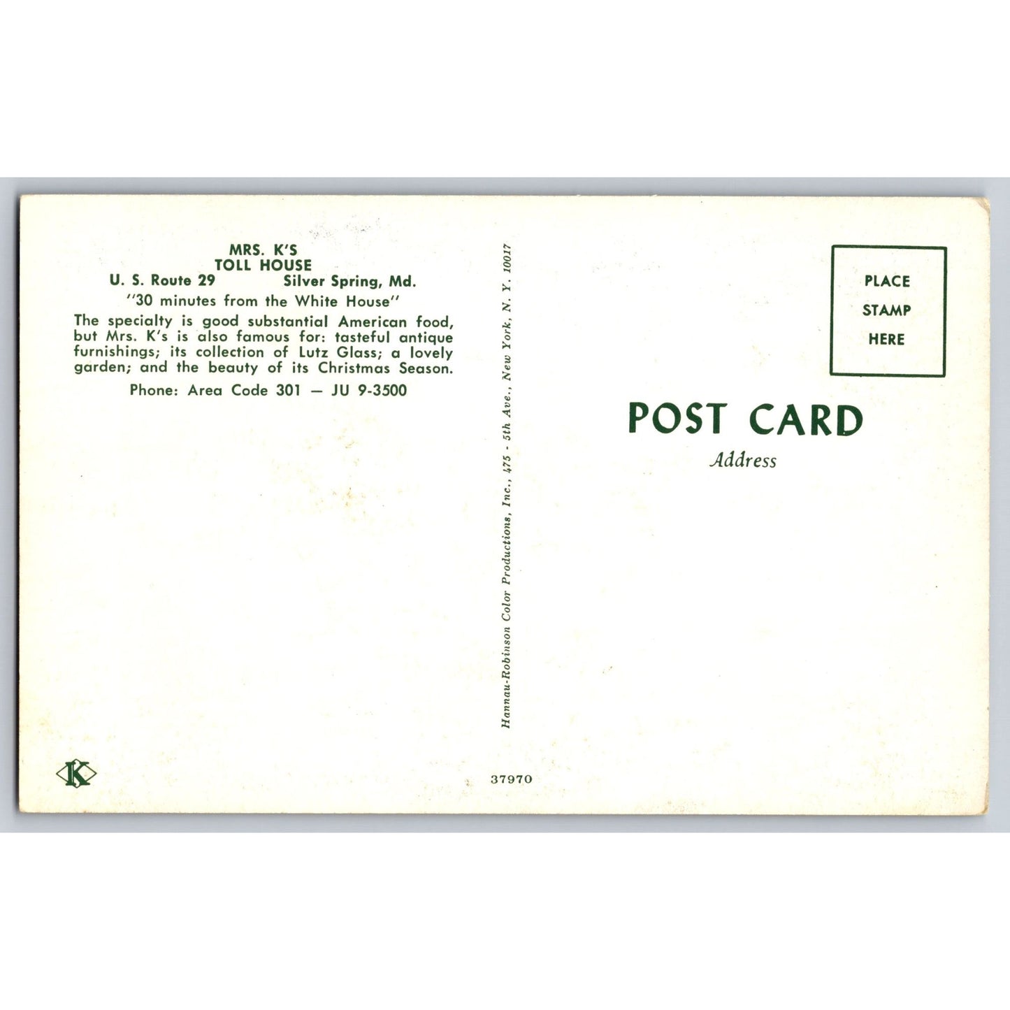 Silver Springs MD Maryland Mrs. K's Toll House Chrome Postcard Unused