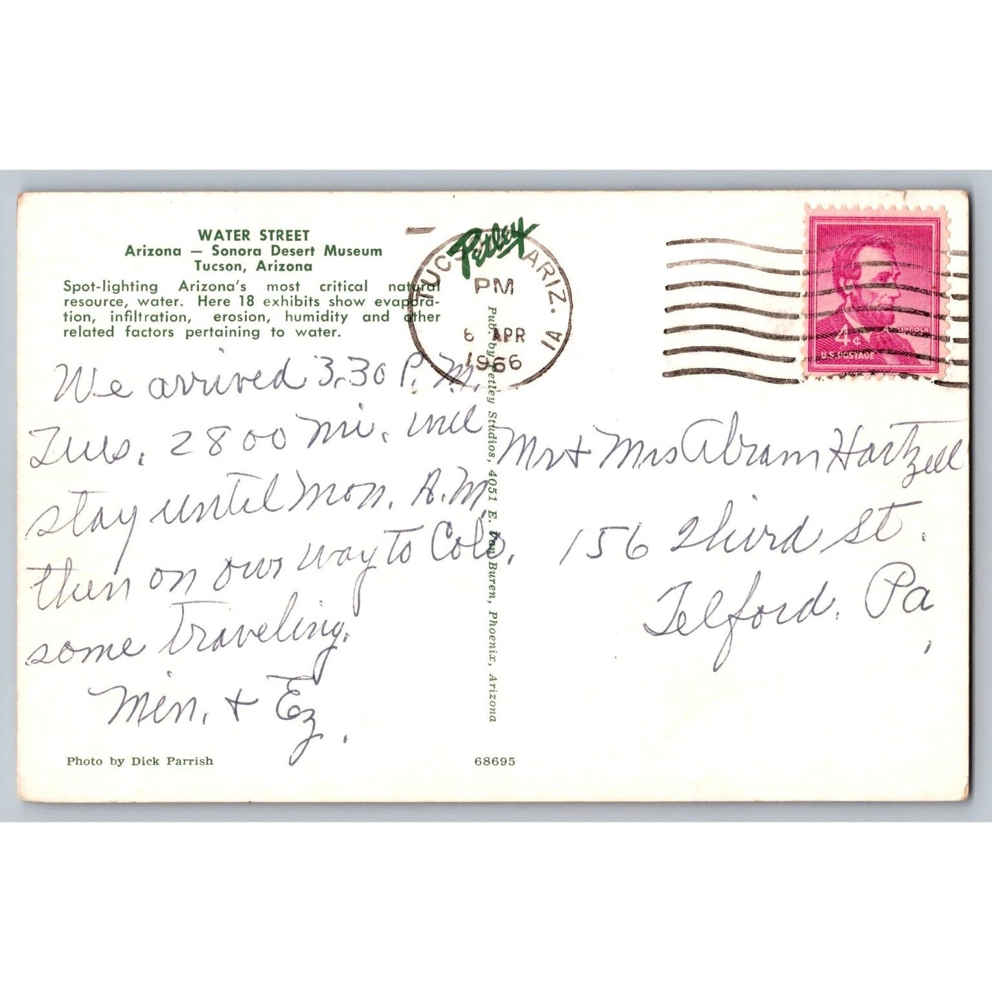 Postcard AZ Arizona Tucson Sonora Desert Museum Water Street Chrome Used 1966