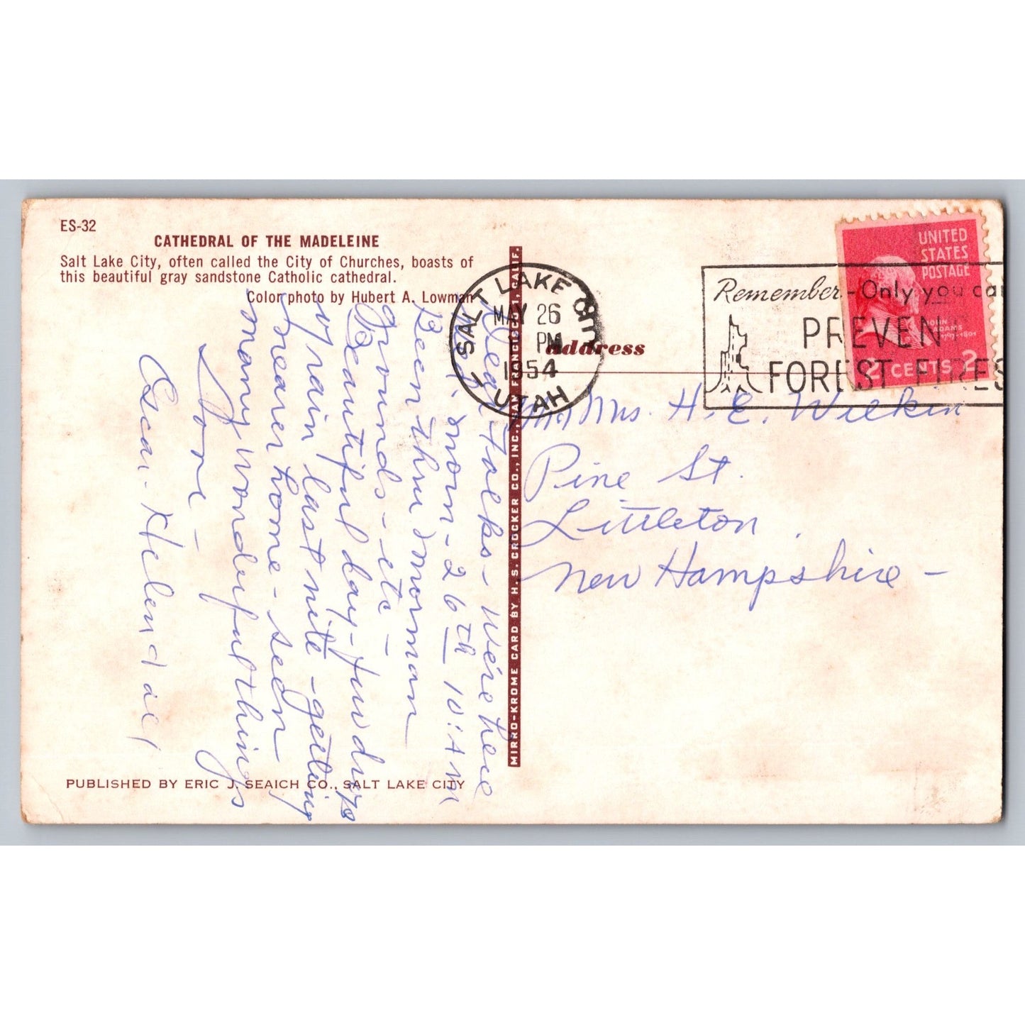 Salt Lake City UT Utah Cathedral Of The Madeleine 1954 Chrome Postcard Used