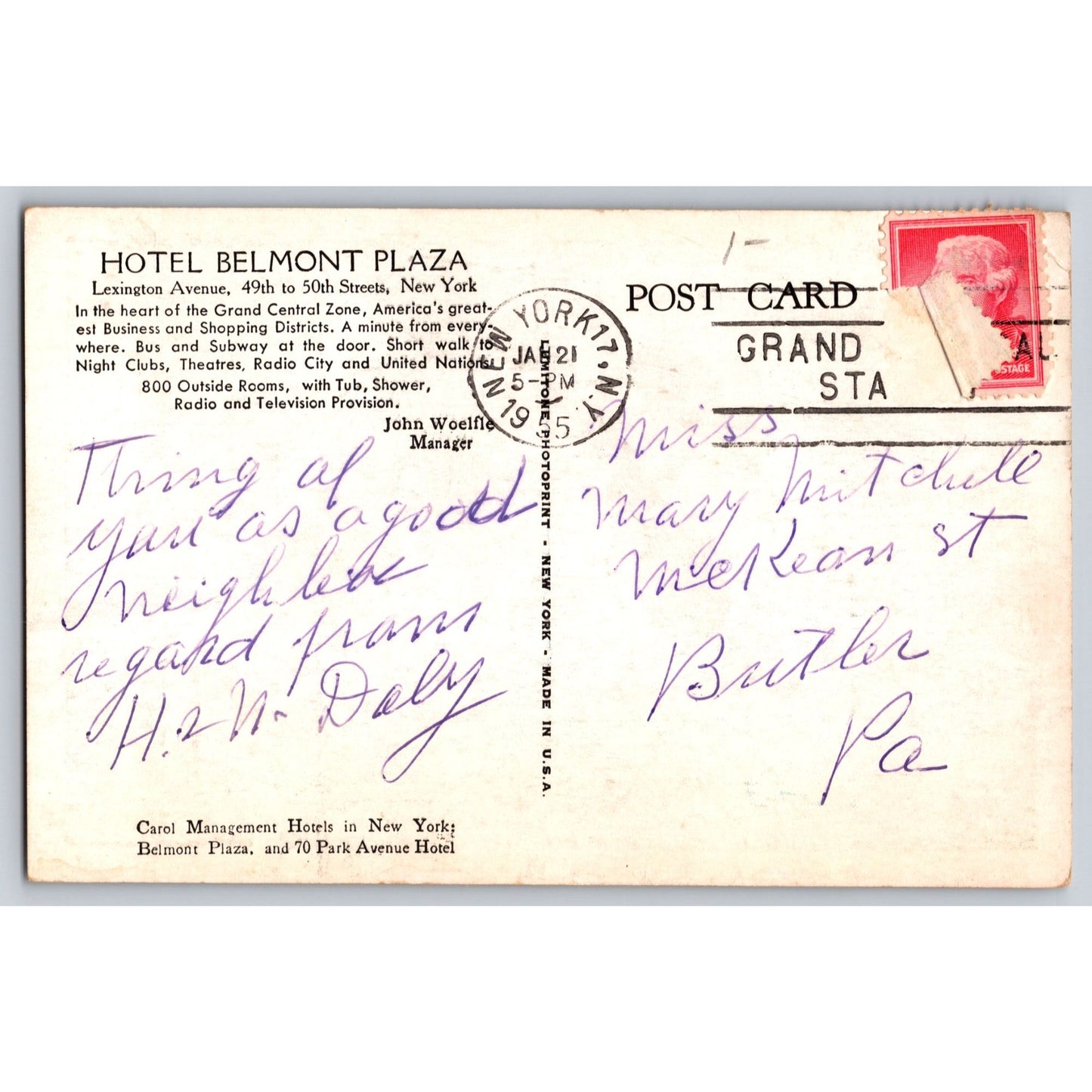 New York City NY Hotel Belmont Plaza Lexington 1955 Postcard Used