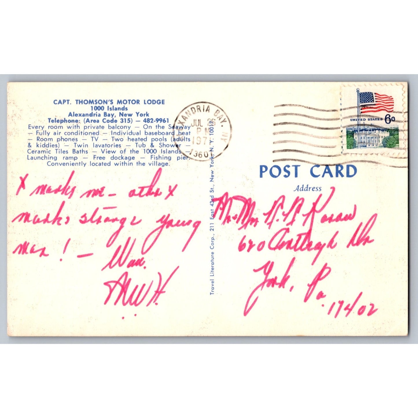 Alexandria Bay NY New York Captain Thomson's Motor Lodge Chrome Postcard Unused