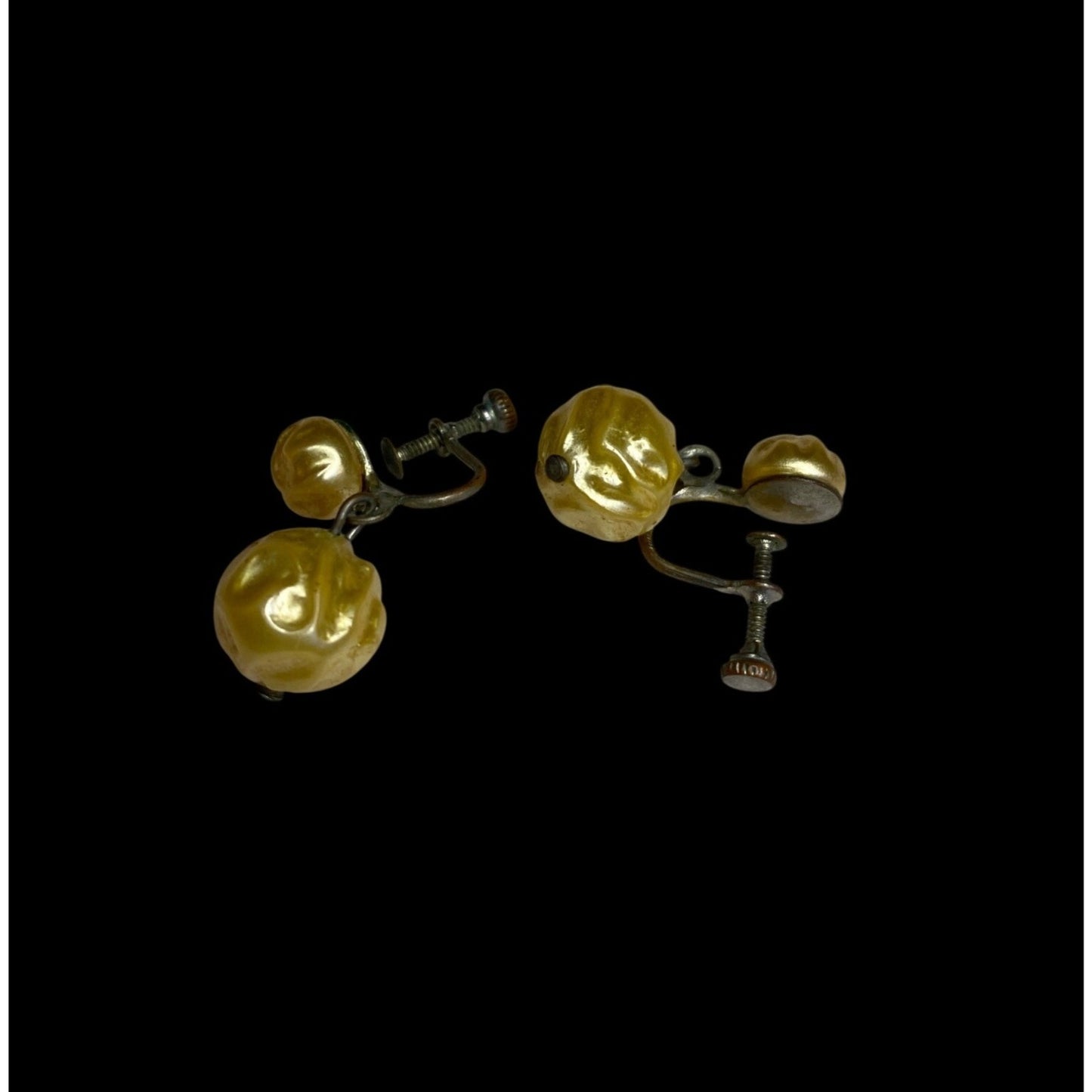 Vintage Earrings Screw Back Drop Yellow Faux Pearl Beads Design 40s-50s