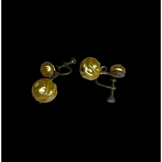 Vintage Earrings Screw Back Drop Yellow Faux Pearl Beads Design 40s-50s