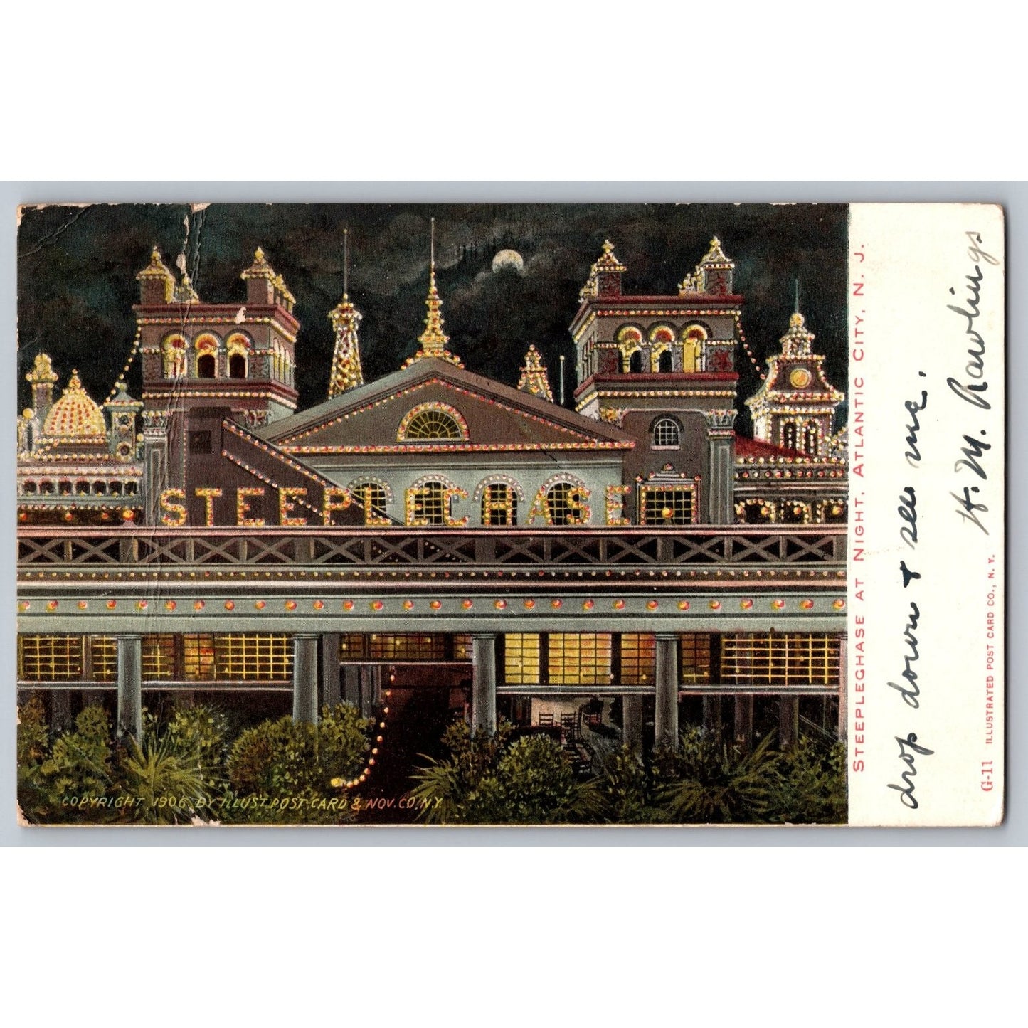 Atlantic City NJ New Jersey Steeplechase at Night 1906 Moonlight Postcard