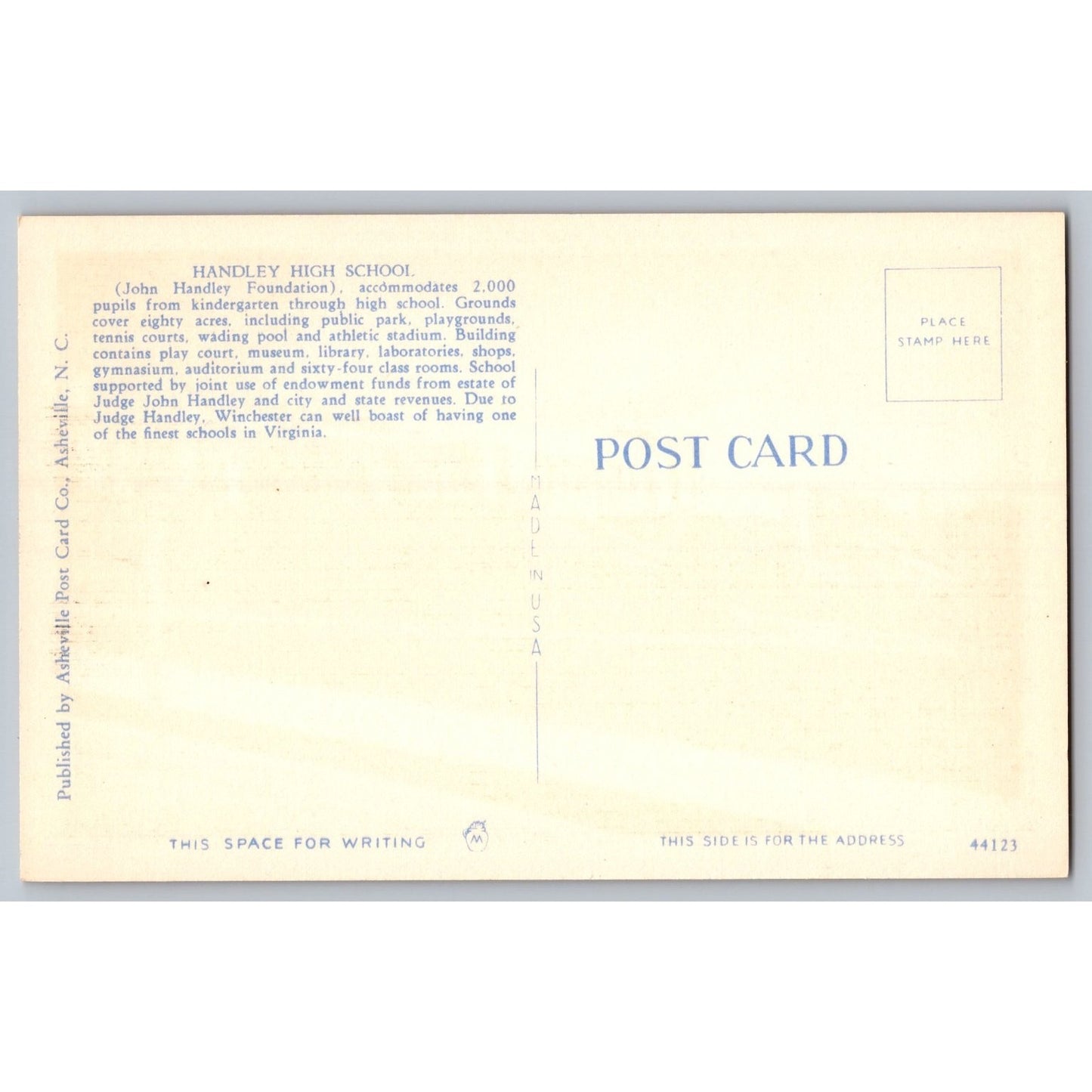 Winchester VA Virginia Handley High School Scenic View White Border Postcard