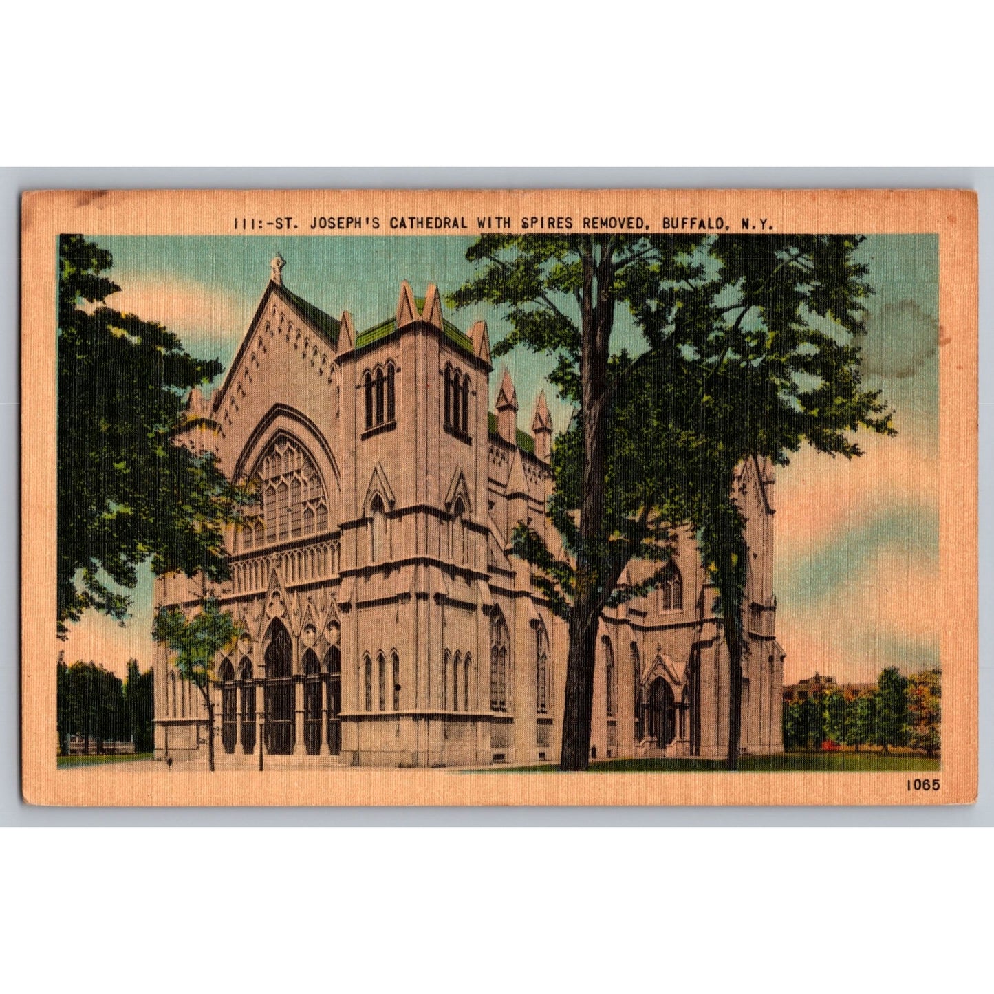 Buffalo NY New York St Joseph's Cathedral With Spires Removed Linen Postcard