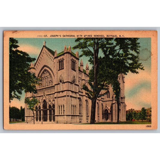 Buffalo NY New York St Joseph's Cathedral With Spires Removed Linen Postcard