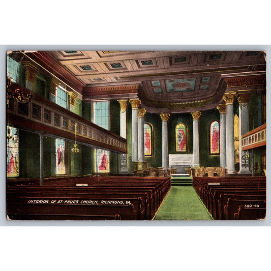 Richmond VA Virginia St. Paul's Church Interior Divided Back Postcard Early 1900